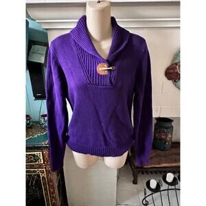 VINTAGE Y2K  RALPH LAUREN PURPLE COTTON SHAWL COLLAR LEATHER TAB TOGGLE SWEATER